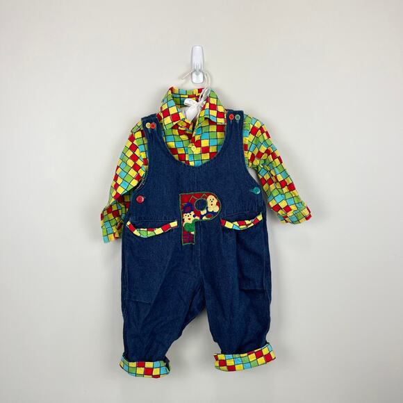 Vintage Popsicle Colorful Plaid Denim Overalls Set 12 Months - Picture 1 of 11